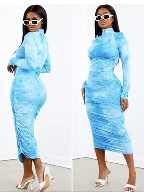 NWNT Goodtimeusa, Teal Tie-Dye Long Sleeve Midi Dress with Half Zip